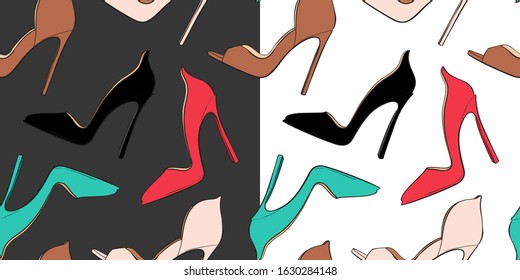 Colorful pattern with high-heeled shoes. Elegant seamless pattern. Vector llustration.