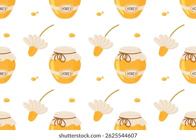 Colorful pattern of honey jars and flowers on a white background