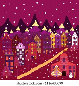 Colorful pattern with house, trees, snowman, mountains and hills. Perfect for kids fabric, nursery wallpaper. Illustration on purple, red and brown colors. Nice nature landscape concept. Vector sketch