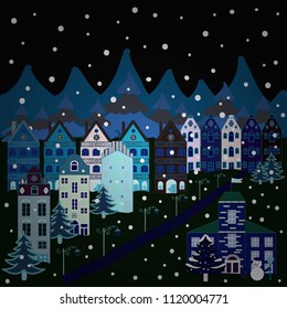 Colorful pattern with house, trees, snowman, mountains and hills. Nice nature landscape concept. Vector. Perfect for kids fabric, nursery wallpaper. Illustration on black, blue, gray colors.