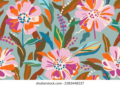 Colorful pattern with the image of tropical plants, flowers, flower twigs, leaves on a green background. Foliage of exotic plants in summer for banners, prints, decor.