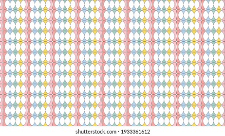 Colorful pattern inspired by round candies, with overlapping circular shapes and wrapper-shaped ends. Blue, green, pink, salmon and yellow pattern.