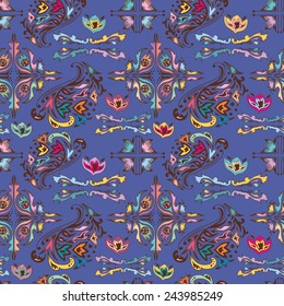Colorful pattern with islamic vignettes | Blue seamless background with arabic swirls and motifs