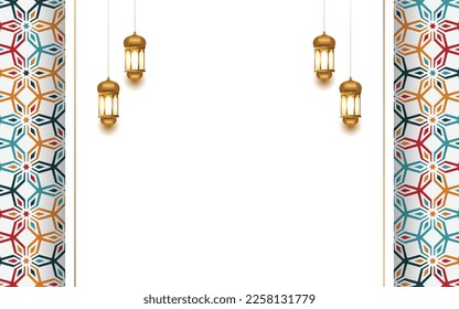 colorful pattern jumma eid mubarak ramadan lantern white islamic background frame. Translation: "Muslim fasting month and celebration day after fasting"