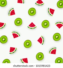 Colorful pattern of kiwi and watermelon. Abstract image of fruit, minimalistic style. Top view of fruits and berries segments. Summer food concept. Vector illustration