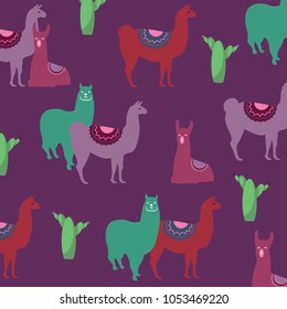 Colorful pattern with lamas and cacti isolated on purple background