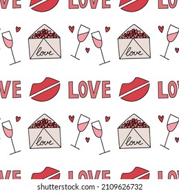 Colorful pattern with a letter, lips, champagne glasses and lettering for valentine's day