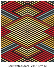 A colorful pattern of lines and squares. The pattern is made up of different colors and shapes. The image is abstract and has a modern feel to. Abstract vector geometric line pattern print design. 