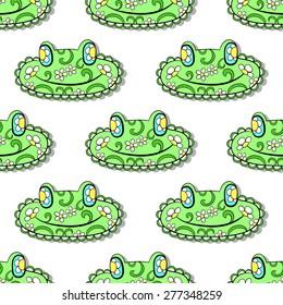 Colorful pattern made from green zentangle-frog. Vector illustration