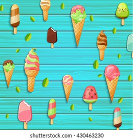 Colorful pattern made of ice cream, leaves on the blue wooden background, vector illustration.