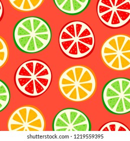 Colorful pattern made of slices of citrus fruits (orange, lime, grapefruit). Red background. Tropical fruit group, cute fruit background. Vector seamless citrus pattern