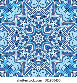 Colorful pattern of mandala. Abstract oriental ornament. Blue template for carpet, shawl, textile.