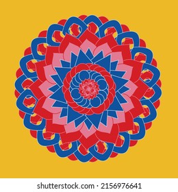 Colorful pattern of Mandala style, red blue and pink on yellow background.