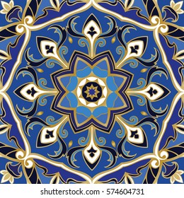 Colorful pattern of mandalas. Abstract oriental ornament. Blue template for carpet, shawl, textile.