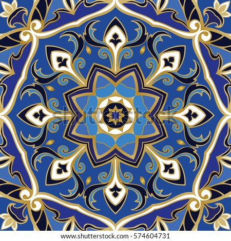 Colorful pattern of mandalas. Abstract oriental ornament. Blue template for carpet, shawl, textile.