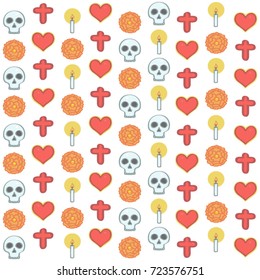 Colorful pattern in Mexican Day of the Dead style with religious ornaments and flowers, vector illustration on white background