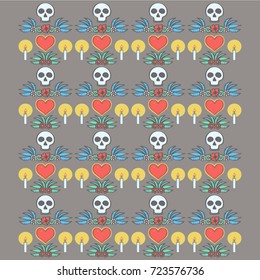 Colorful pattern in Mexican Halloween style with ornaments and flowers, vector illustration on dark background