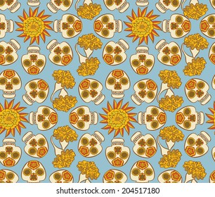 Colorful  pattern with mexican skulls - calaveras and  marigold flowers 