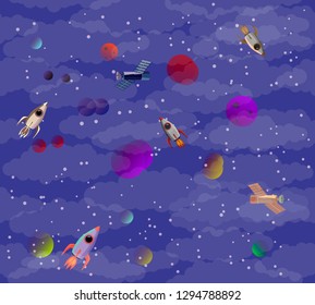 colorful pattern of a misty cosmic sky with a rocket, satellite, planets, clouds. Vector graphics