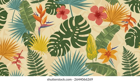 A colorful pattern with monstera leaves, hibiscus flowers, bird of paradise blooms, banana leaves and various palm fronds on a light background.