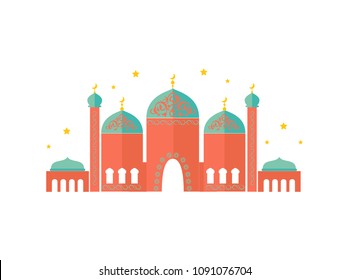 Colorful pattern of mosque temple, vector card isolated on white background illustration of orange building with various ornaments, stars and moons