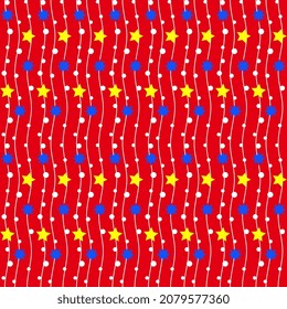 Colorful pattern multicolored stars, white polka dots with vertical wavy lines, serpentine, decoration on a red background. Bright seamless ornament