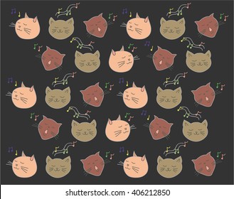 colorful pattern music cat on black background sing a song