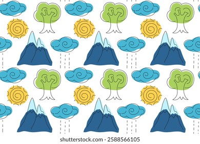 Colorful pattern of nature elements featuring mountains, trees, and weather symbols