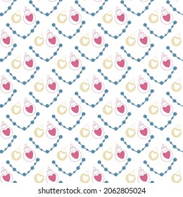 Colorful pattern with New Year balls and hearts on white background for textile print, design paper. Vector illustration.