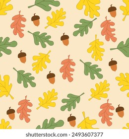 colorful pattern, oak autumn leaves, with acorns. hand drawn. vector.	