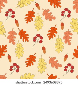 colorful pattern of oak autumn leaves, with acorns, and a sprig of viburnum. hand drawn. vector.	