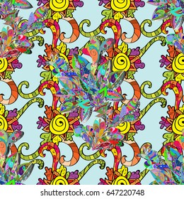Colorful pattern on blue background with colorful elements. Seamless oriental ornament in the style of baroque. Vector oriental ornament. Traditional classic colorful pattern.