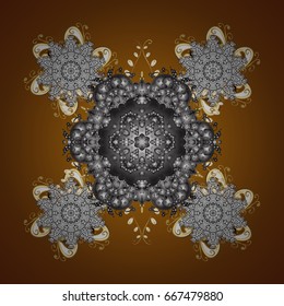 Colorful pattern on a brown background. Winter vector frame with arabesques, doodles, dots and snowflakes. Fine greeting card.