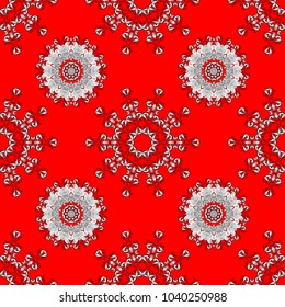 Colorful pattern on red, white and black colors with colorful elements. Flat hand drawn vintage collection. Backdrop, fabric, colorfil wallpaper. Vector colorful seamless pattern.