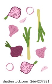 Patrón colorido de cebollas y puerros sobre fondo blanco. Cartel de vegetales minimalista contemporáneo con colores brillantes. Diseño de Vertical moderno.