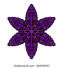 Colorful pattern with orange, black, purple elements. Floral ethnic hand drawn tribal ornament with orange, pink and purple elements on black background