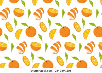 Colorful pattern of orange fruit slices and leaves on a white background for vibrant designs