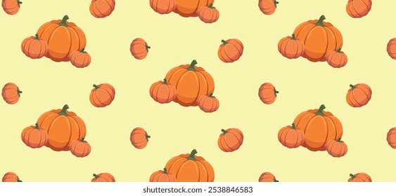 Colorful pattern of orange pumpkins on light yellow, for fall-themed backgrounds, fabric prints, holiday packaging