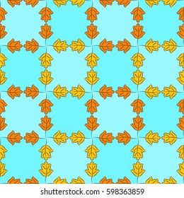 Colorful pattern of orange and yellow stylized autumn leaves on light sky blue checkered background. Vector seamless repeat.