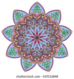 Colorful pattern of ornamental mandala in blue eastern colors, isolated on white. Vector illustration