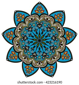 Colorful pattern of ornamental mandala in eastern colors, isolated on white. Vector illustration
