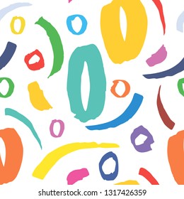 Colorful pattern with paint strokes, grange, inks, shapes elements. Vector hand drawn textures. Seamless abstract background. 