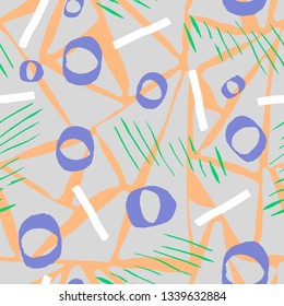 Colorful pattern with paint strokes, grange, inks, shapes elements. Vector hand drawn textures. Seamless abstract background. 