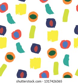 Colorful pattern with paint strokes and shapes. Vector hand drawn textures. Seamless abstract background. 