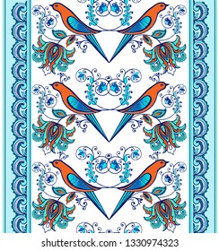  Colorful pattern with paisley and stylized birds. Vector wallpaper with  birds and flowers. Decorative ornament for fabric, textile, wrapping paper.