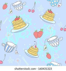 Colorful pattern with pancakes, tea cups, cherry and strawberry. EPS 10. No transparency. No gradients.