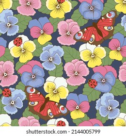 Colorful pattern with pansies and peacock butterflies. Vector illustration.