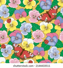 Colorful pattern with pansies and peacock butterflies. Vector illustration.