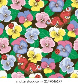 Colorful pattern with pansies and peacock butterflies. Vector illustration.