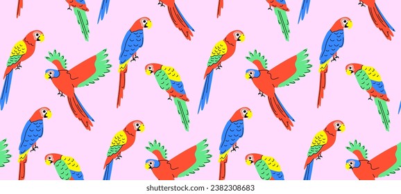 Colorful pattern with parrots in flat style. Vector seamless background with cute parrot characters.